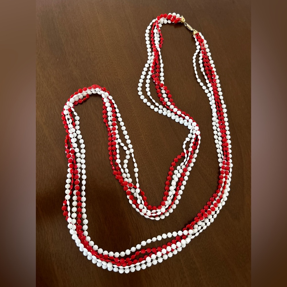 Vintage Multi-Strand Red and White Beaded Necklace - Women’s Jewelry